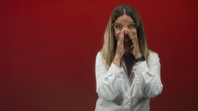 Woman doctor in white coat cupping hands to mouth and shouting in studio red backdrop with glasses visible; alertness warning communication.