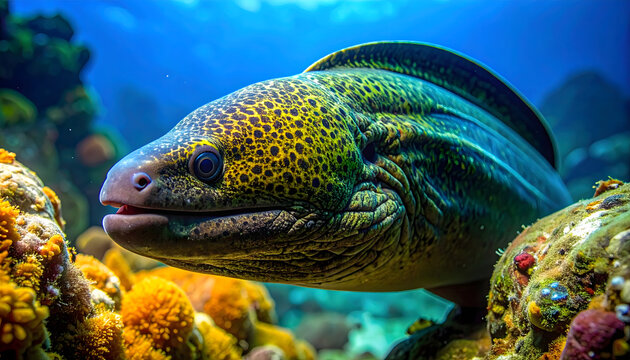 A large green moray eel swims near colorful coral reefs underwater.