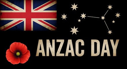Obraz premium Anzac day commemorative graphic with australian flag, southern cross constellation, and red poppy