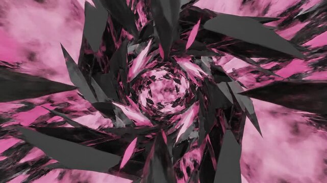 Sharp pink and black geometric shards exploding from center