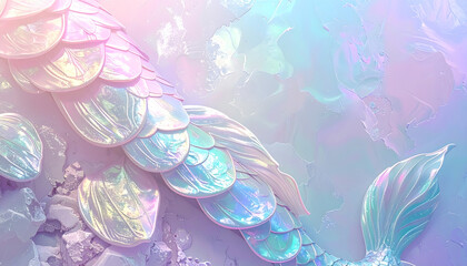A mermaid's shimmering tail shines in an underwater scene with iridescent scales.