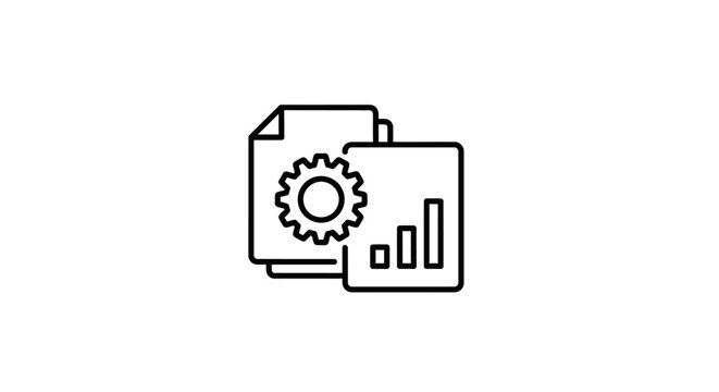 Abstract illustration of gears documents and charts showing data analysis