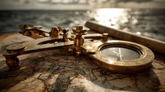 Antique brass sextant and compass resting on a vintage map with the ocean in the background