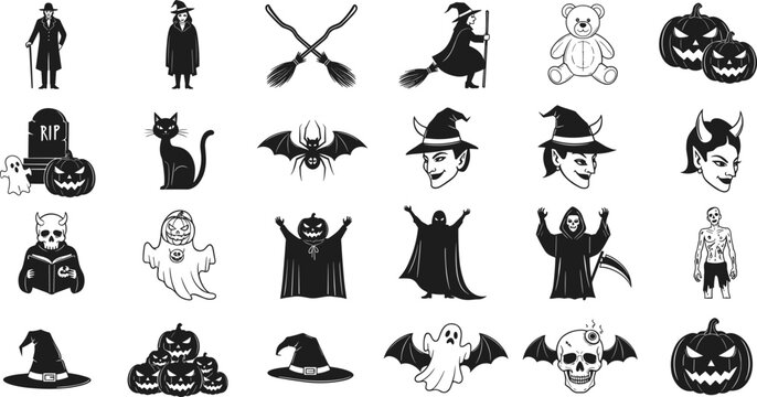 Halloween character icons set featuring black silhouettes of witches ghosts grim reaper pumpkins black cats and creepy monsters for holiday party graphic design