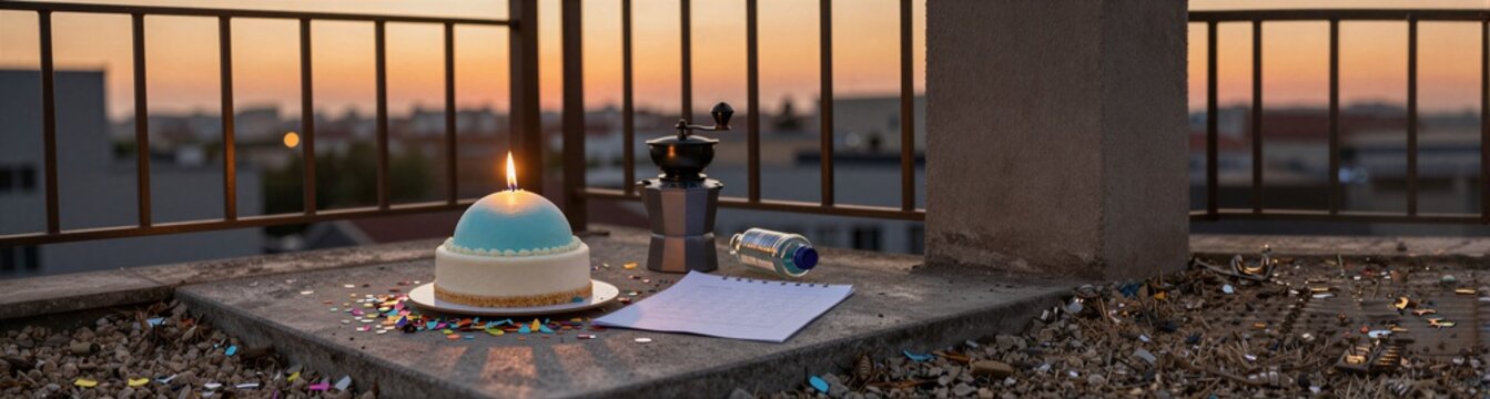 Birthday cake with candle on rooftop ledge at sunset skyline