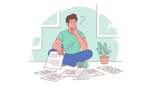 Man thinking with papers and question mark, studying or working at home, illustration