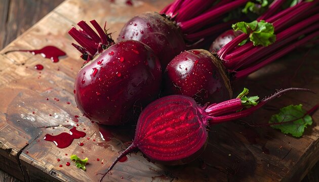 Fresh whole and sliced red beets with greens on rustic wooden cutting board