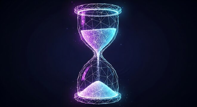 3D futuristic hourglass with glowing particles and digital mesh on dark background
