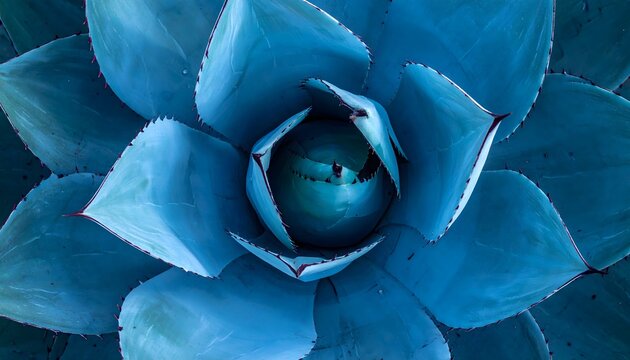 Close-up of vibrant blue agave plant with dew drops in natural sunlight