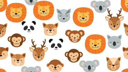 Fototapeta premium Delightful seamless pattern displays various cute animal faces including lions pandas koalas and deer on white.