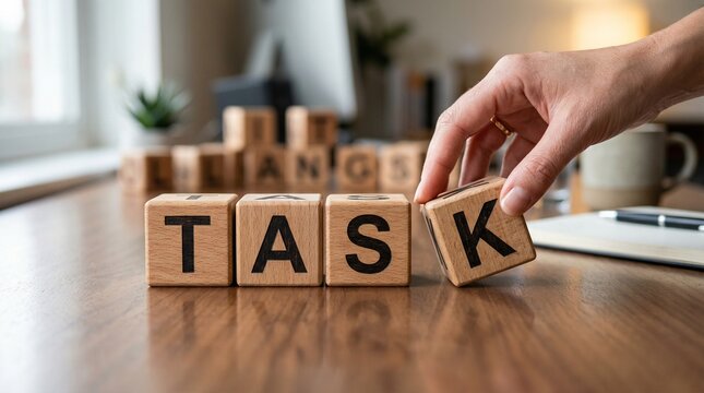 Person Building a Task List with Wooden Blocks on Desk

