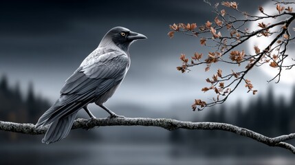 Fototapeta premium Bird on a branch next to a lake with a dark background and autumn leaves