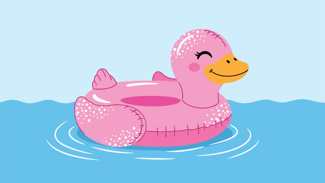 Playful pink inflatable toy duck floating on blue water ripples creates a fun summer pool atmosphere.