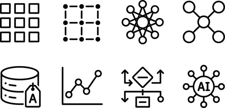 Digital technology and AI innovation icons set with data storage, molecular structures, and binary code vectors