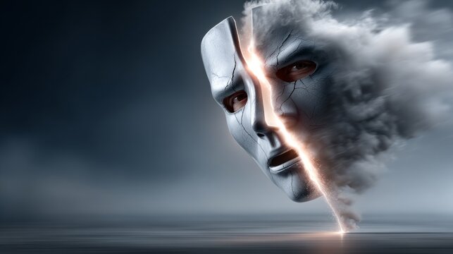 Digital art showing a broken mask with a face and smoke rising from the split