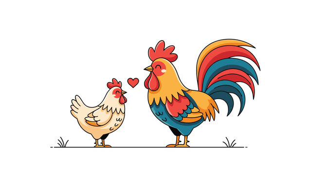 Colorful illustration of a hen and a rooster standing together with a red heart symbol between them for love concept.