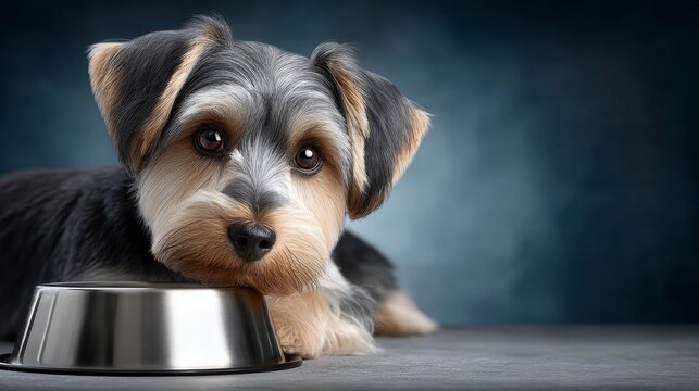 Cute dog resting its head beside an empty food bowl on a table