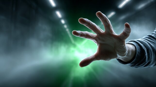 Hand reaching towards a green light in a dark corridor