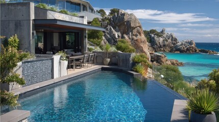Fototapeta premium Luxury villa with pool overlooking ocean and rocky coastline on sunny day