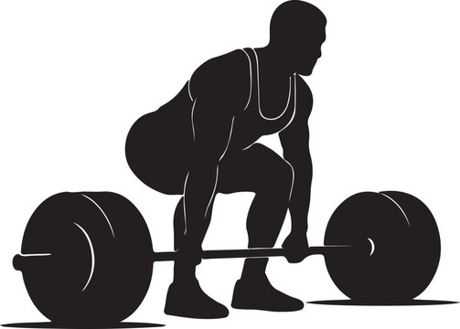 Athlete preparing to lift heavy barbell weights in a squat position silhouette vector icon
