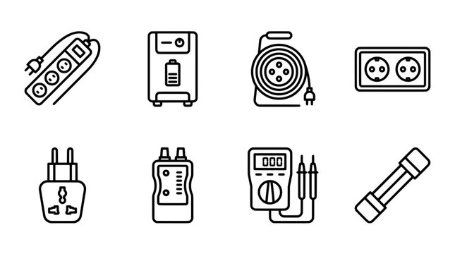 Electrical devices icons set outlets plugs power strips and testers