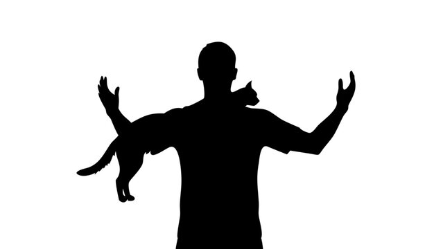 Man Holding Cat Silhouette Vector Icon Pet Care Concept Isolated on White Background