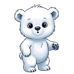 Obraz premium cute cartoon baby polar bear standing with curious expression, fluffy white fur with soft blue shading, big black eyes and tiny black nose, playful pose, isolated on solid white background, no shadow