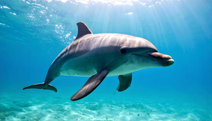 Obraz premium A dolphin swims underwater near the ocean floor with sunlight shining through.