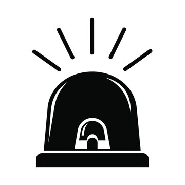 A simplified black silhouette depicts a police car emergency light with radiating beams above high quality professional