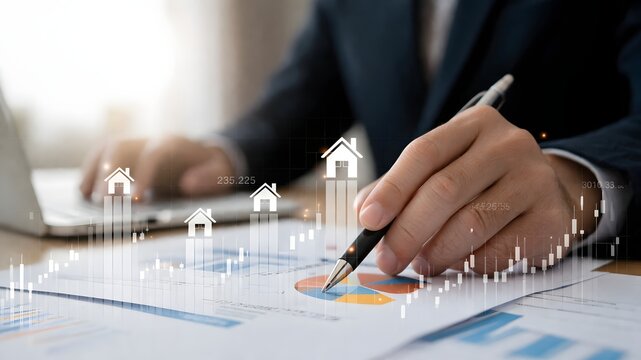 Real estate market analysis with graphs and house icons displayed