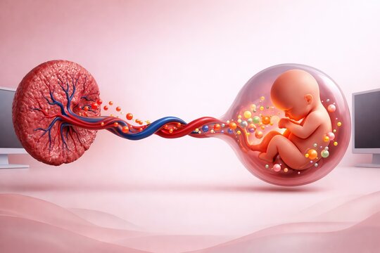 Fetus and Placenta with Umbilical Cord, Pregnancy Gestation Anatomy, Prenatal Medical Science Development, Obstetrics Biology Reproduction, Neonatal Embryology Illustration, 3D Human Life Concept