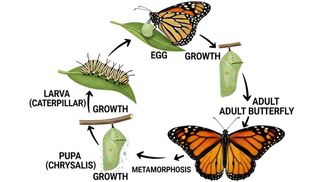 Detailed monarch butterfly life cycle illustration, labeling egg, growing larva (caterpillar), pupa or chrysalis and fully developed adult butterfly, with arrows indicating growth and metamorphosis th