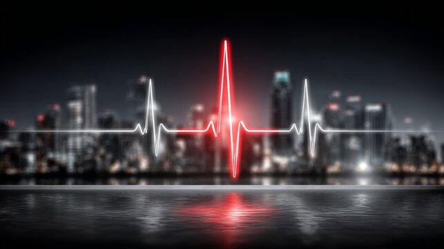 Neon heart rate lines overlaying a cityscape, representing epidemic and pandemic impact in an urban environment.