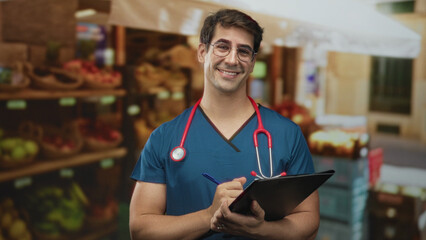 Fototapeta premium Man doctor in scrubs with stethoscope holds clipboard and points finger in market building; reassurance health advice.