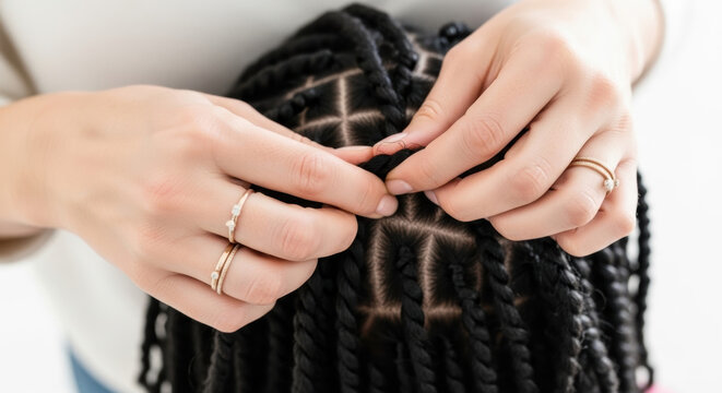 A person skillfully braiding their own hair into neat box braids on transparent background
