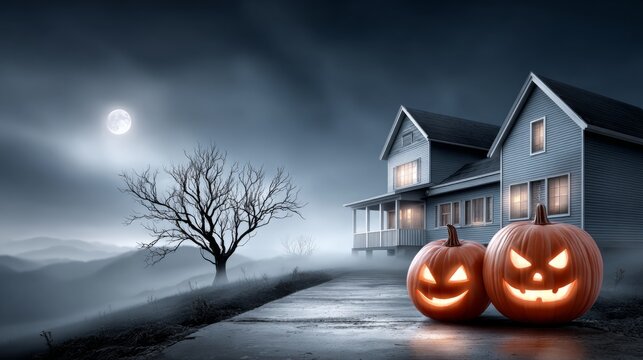 Halloween scene with carved pumpkins and a house in the background at night