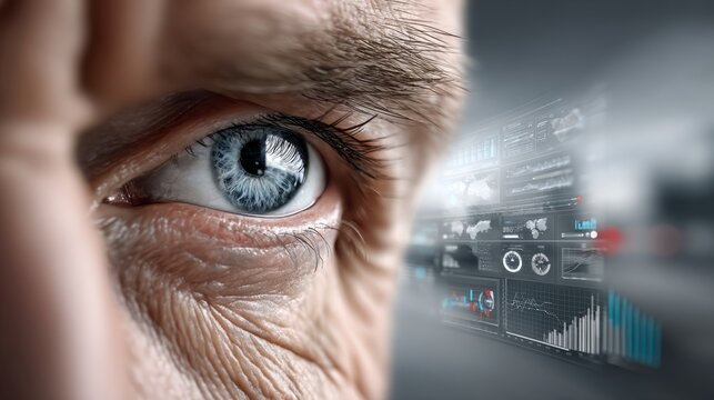 Close-up of an eye observing digital data on a screen in a modern setting with technology