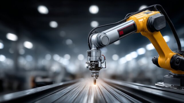 Industrial robotic arm performing precision cutting in a manufacturing facility