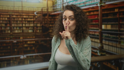 Fototapeta premium Woman finger to lips for silence in library building, bookshelves behind and white tank top visible, looking at camera with index finger; study silence.