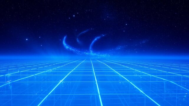 Digital Frontier: A mesmerizing perspective of a digital landscape, rendered in brilliant blue hues, with a grid and celestial display, symbolizing the vastness of the digital realm.