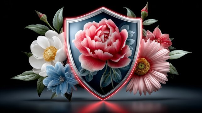 Floral shield design featuring various flowers in vibrant colors