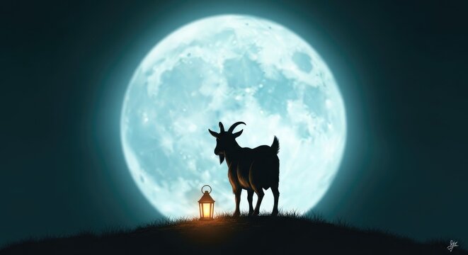 Eid al adha 2026 silhouette of a goat against a full moon islamic holiday