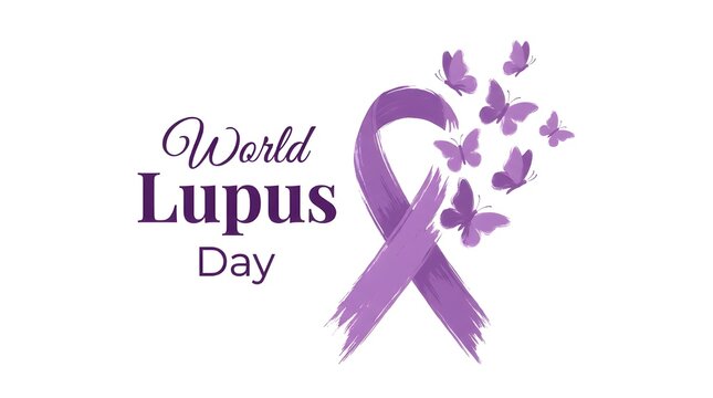 A purple ribbon and butterflies symbolize World Lupus Day awareness