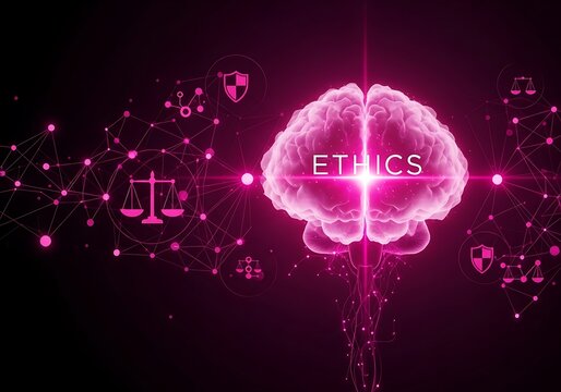 3D glowing brain with ethics concept in neon pink lighting on dark futuristic background