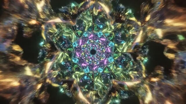 Abstract geometric tunnel with colorful lights and dynamic shapes