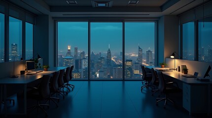 Fototapeta premium Nighttime Office Environment with Desks and Computers Against Glowing City Skyline