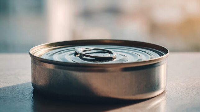 Close-up of a clean, empty tin food can with an unbroken pull-tab lid, isolated for product showcasing or design elements.