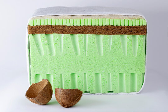Close-up of a green latex foam block combined with coconut coir and latex layers on a white background. Detailed view of natural mattress materials used for support and comfort.