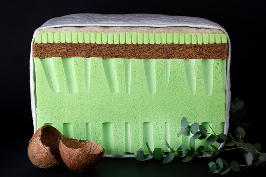 Close-up of a green latex foam block combined with coconut coir and latex layers on a black background. Detailed view of natural mattress materials used for support and comfort.