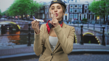 Fototapeta premium Flight attendant woman in uniform holds a toy airplane and places finger to lips for silence while smiling by a canal bridge on street; playful secrecy.